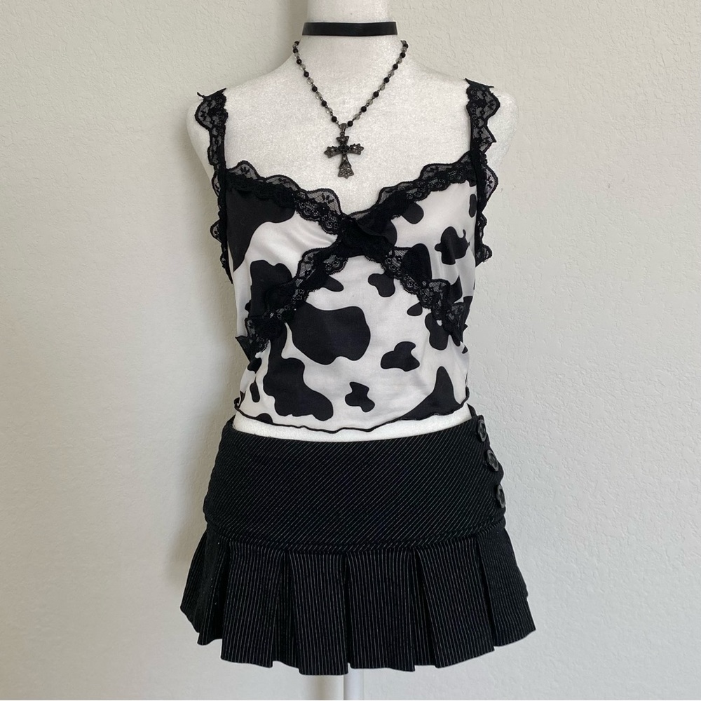 Cow print lace trim cami top